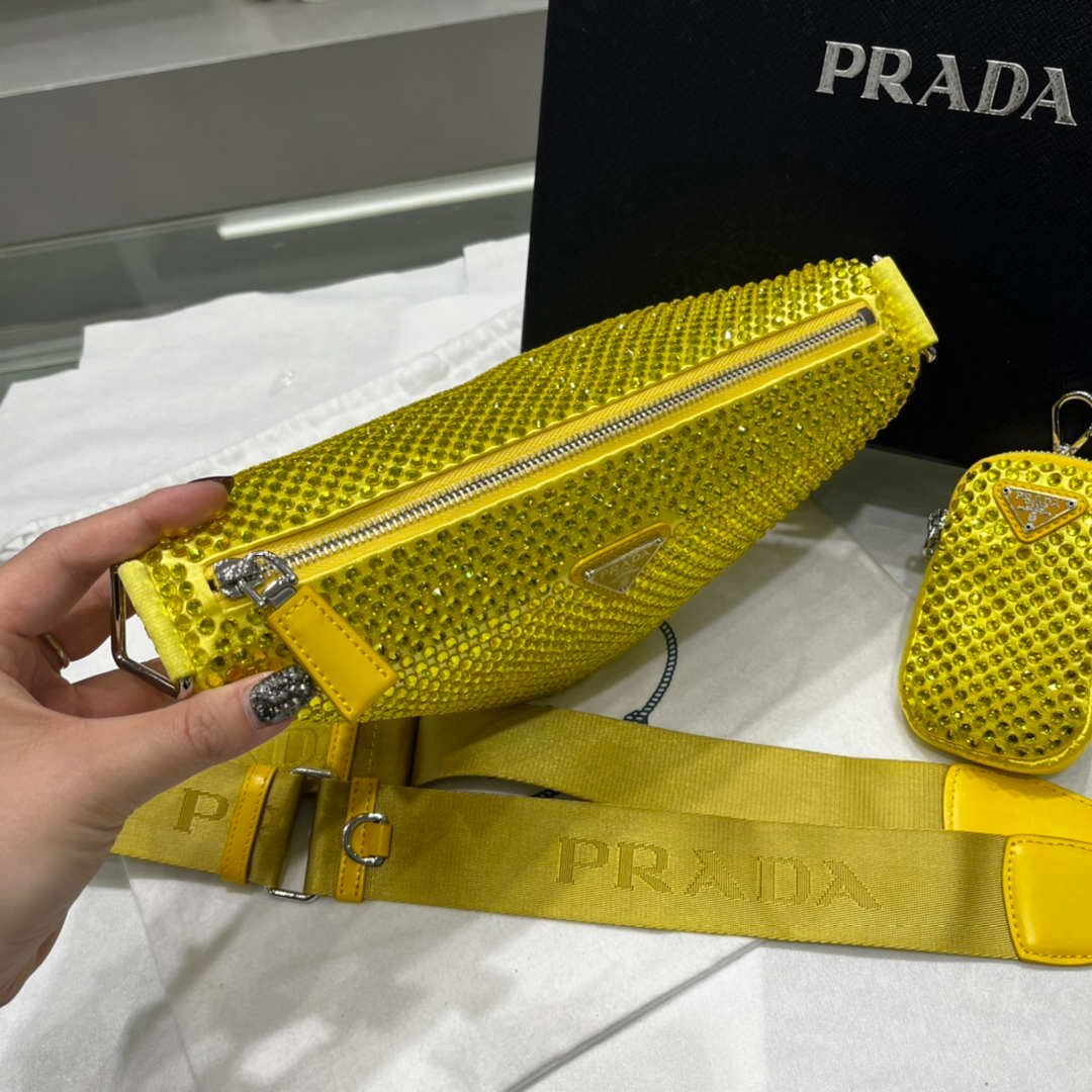 65324db70f882.jpg Replica Prada 1NE190 Crystal-studded satin pouch Yellow - 图片 1