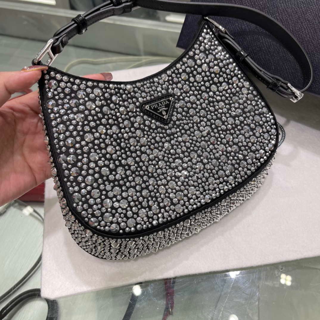 65324ea9e4d60.jpg Replica Prada 1BC169 Prada Cleo satin bag with appliqués Black - 图片 1