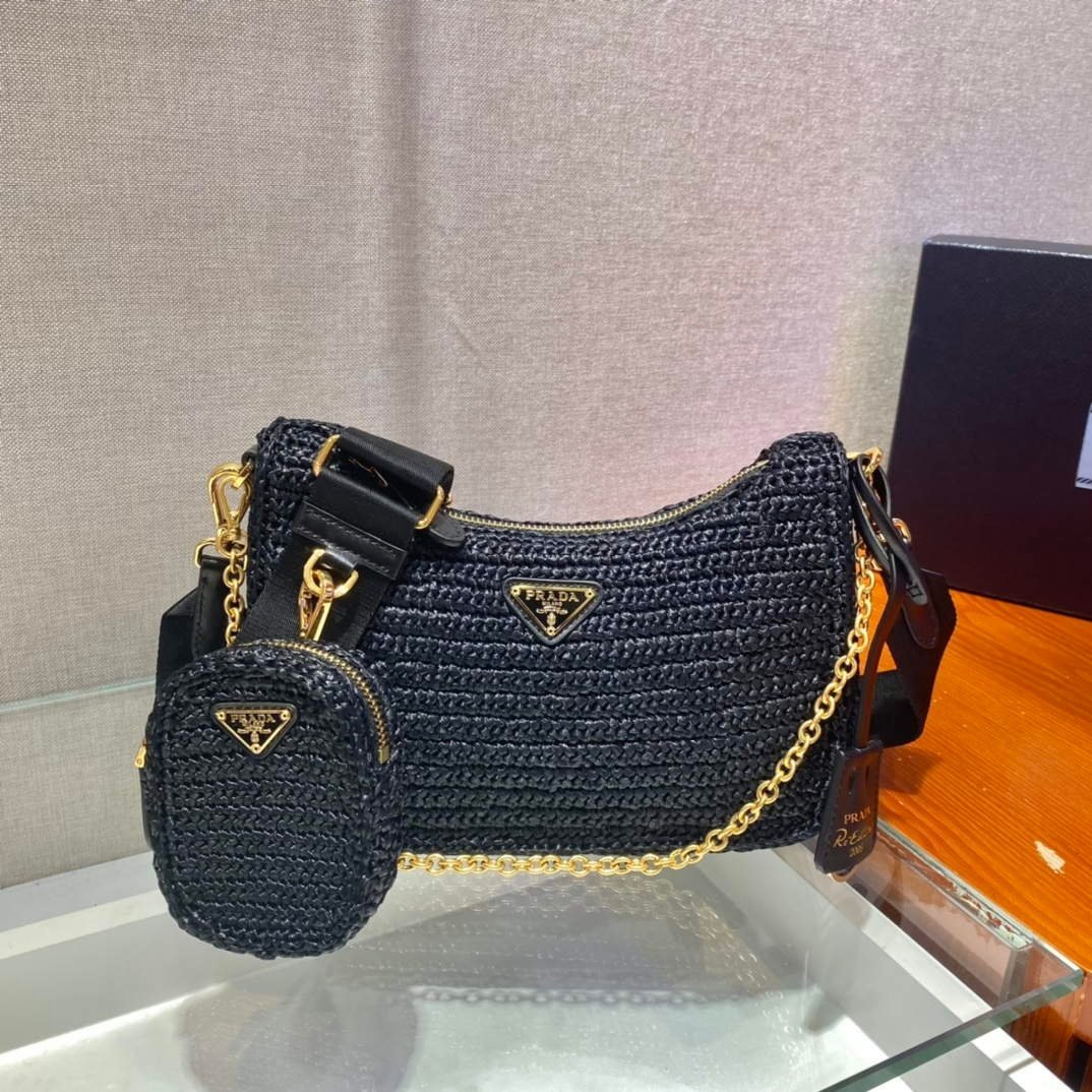 6532530974562.jpg Replica Prada 1BH204 Prada Re-Edition 2005 Raffia Bag in Black - 图片 1