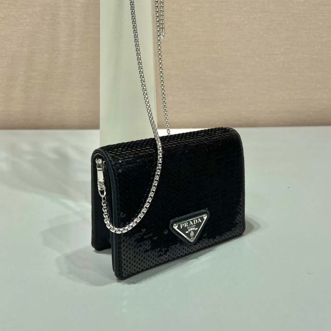 6532550cac788.jpg Replica Prada Cardholder with shoulder strap and sequins 1MR024 Black - 图片 1